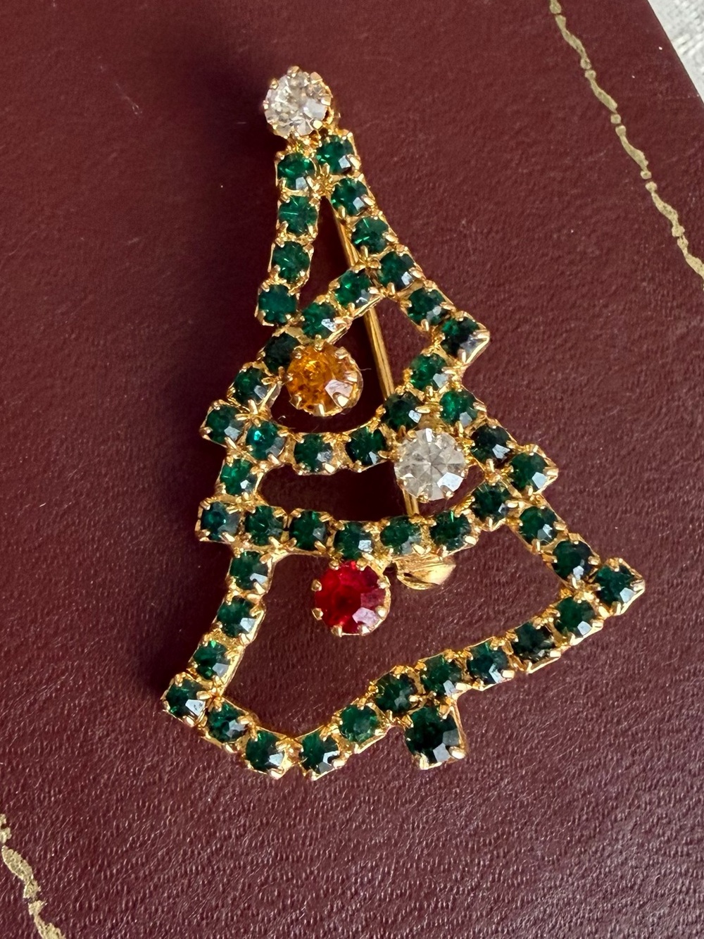 Gold-Tone Green Crystal Christmas Tree Brooch - vintage